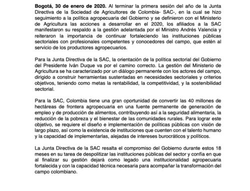 La Junta Directiva de la SAC respalda la gestión del Ministro de Agricultura, Andrés Valencia, y reitera su apoyo a una institucionalidad agropecuaria despolitizada