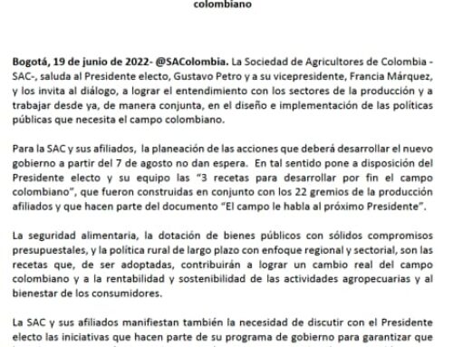 La SAC saluda al presidente electo Gustavo Petro y lo invita al diálogo y a trabajar desde ya para construir consensos que permitan desarrollar por fin el campo colombiano