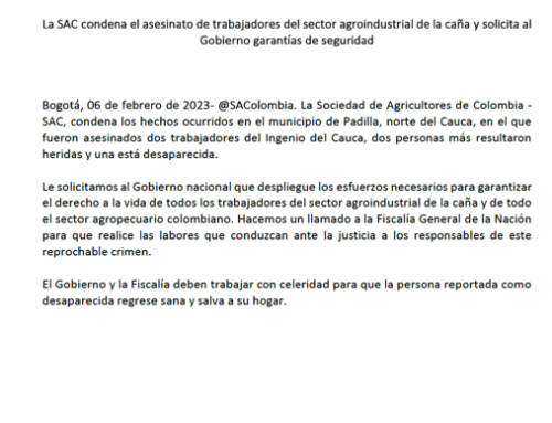 La SAC condena el asesinato de trabajadores del sector agroindustrial de la caña y solicita al Gobierno garantías de seguridad