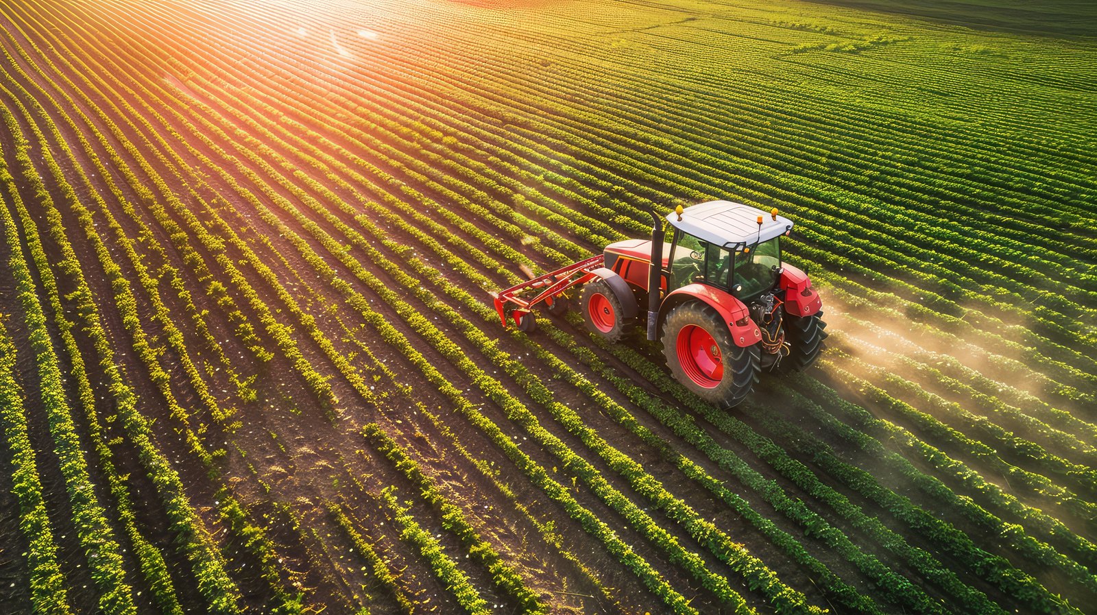 El agro pierde ritmo Tractor trabajando en un cultivo agrícola al atardecer