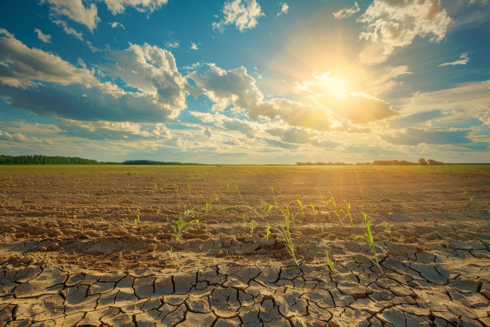Suelo agrietado por la sequía con brotes y sol en el horizonte