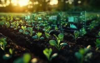 Cultivo joven con gráficos de datos climáticos superpuestos