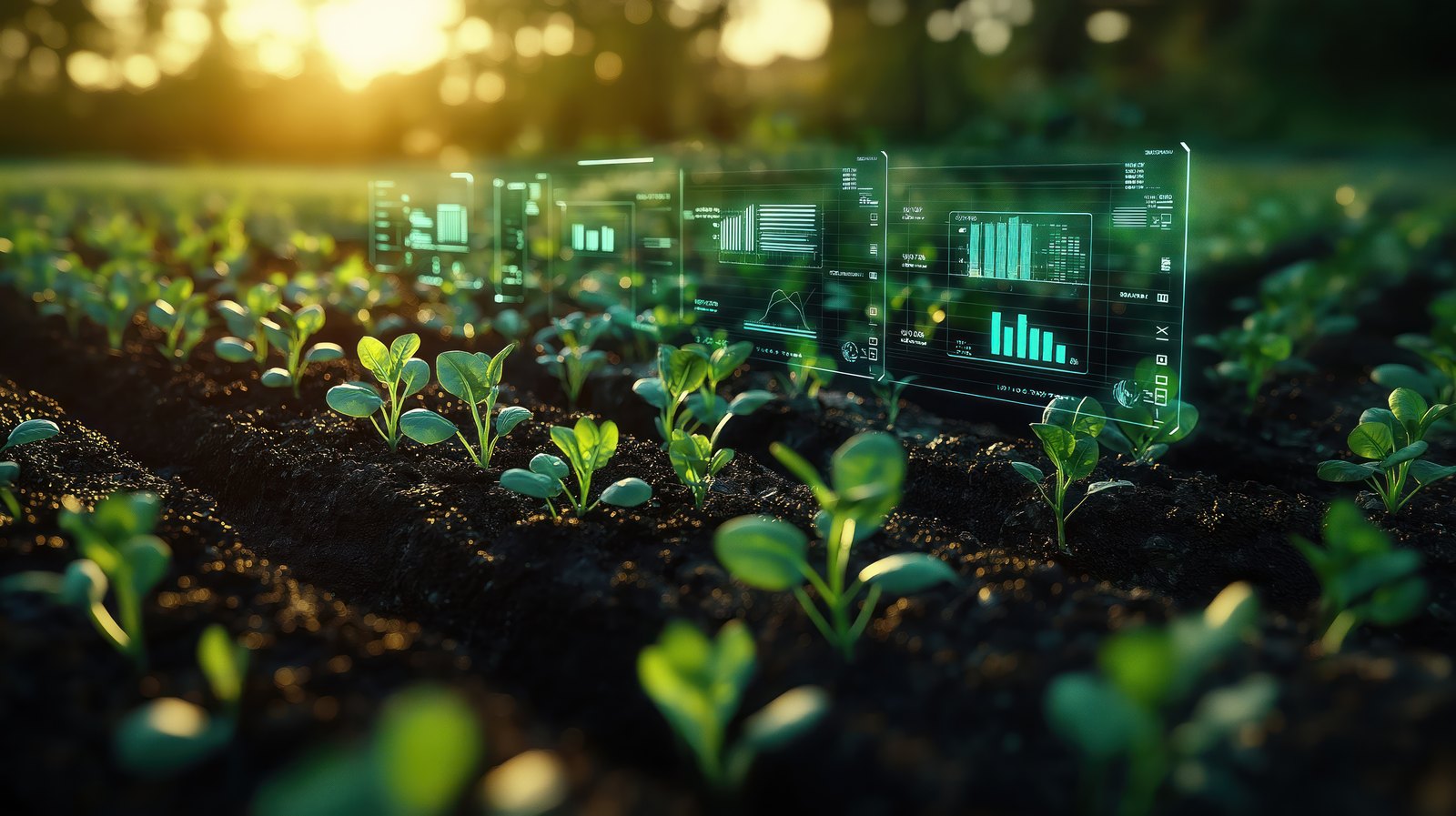 Cultivo joven con gráficos de datos climáticos superpuestos