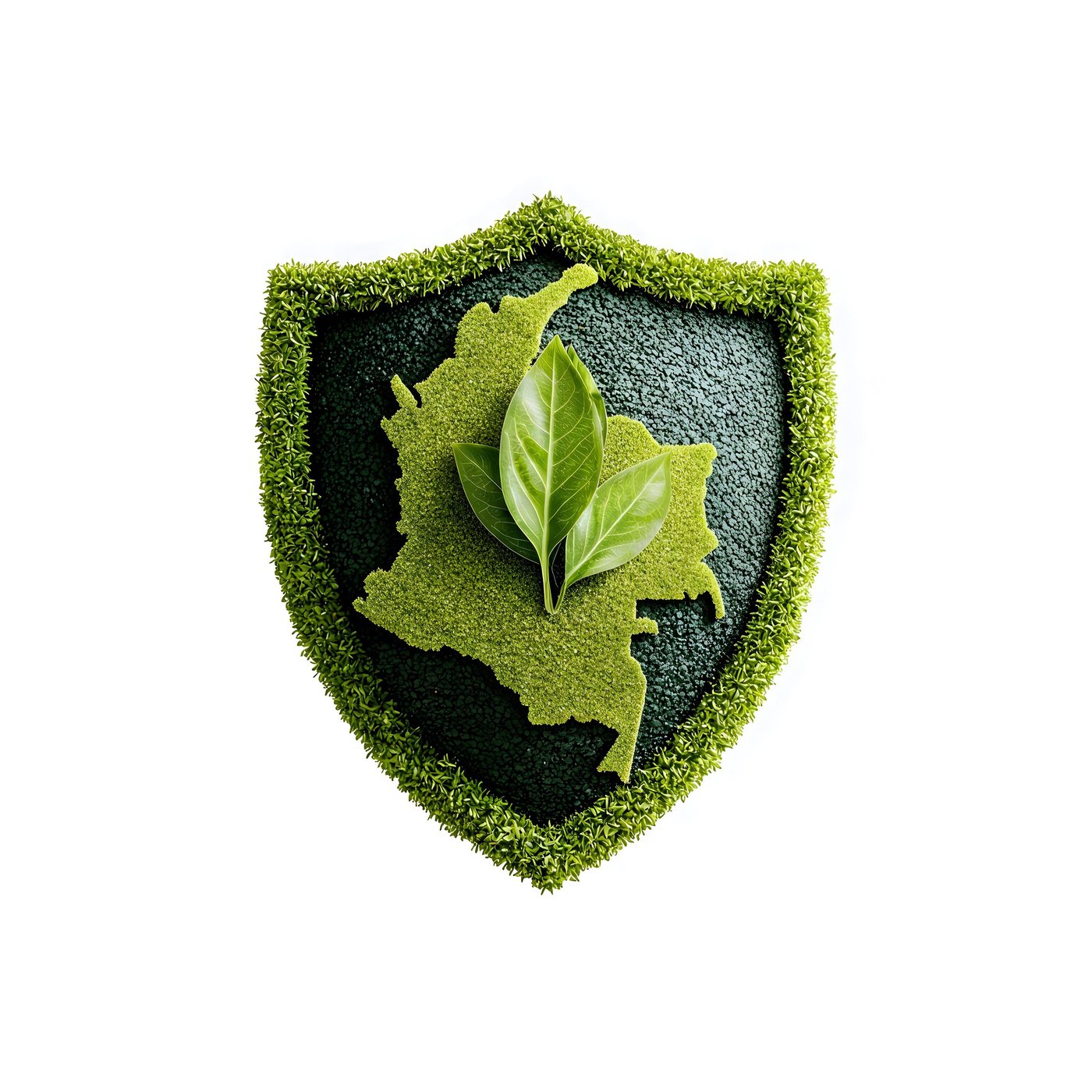 Mi Finca Más Segura Escudo verde con el mapa de Colombia y hojas, símbolo de seguridad rural