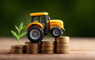 Tractor de juguete sobre pilas de monedas junto a una planta, presupuesto del agro