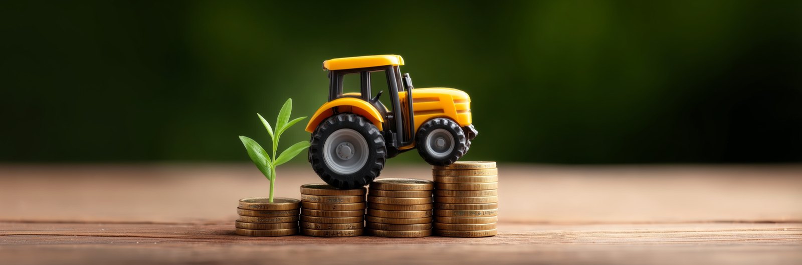 Presupuesto 2027 Tractor de juguete sobre pilas de monedas junto a una planta, presupuesto del agro